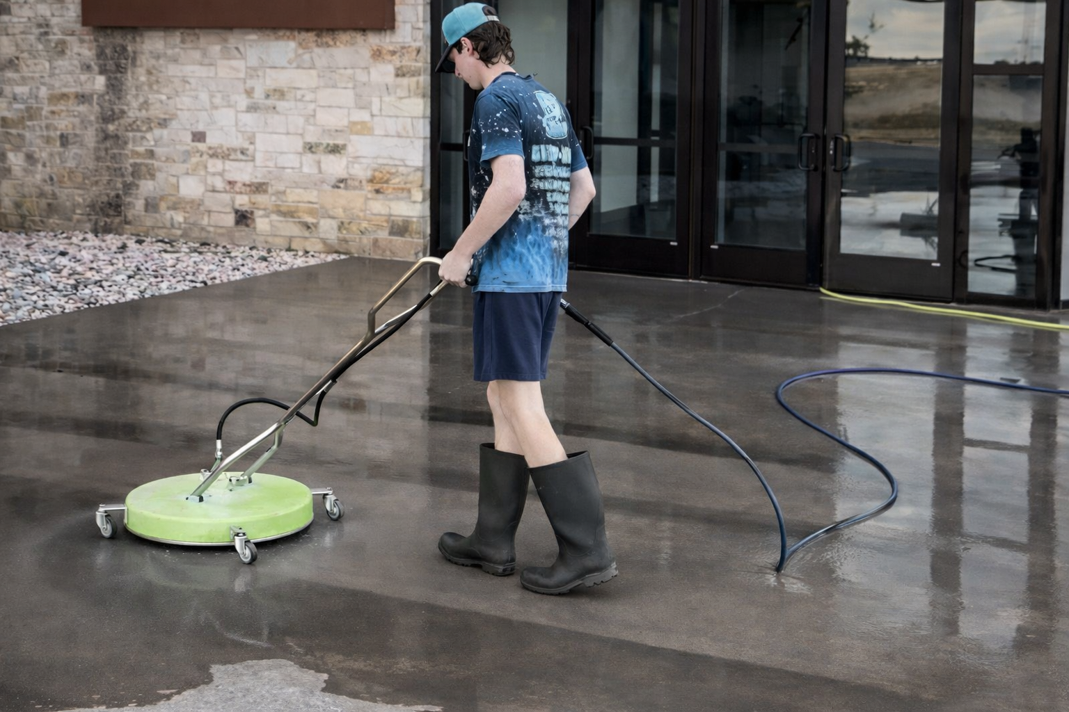 A person wearing black rubber boots and a blue cap operating a floor scrubber on a wet concrete surface outside a building.