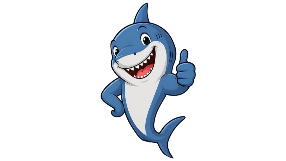 Cartoon shark giving a thumbs up with a friendly expression.