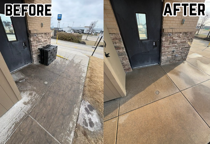Side-by-side comparison of a building entrance sidewalk before and after cleaning. The "before" side shows dirty, stained concrete with puddles and grime. The "after" side shows clean, wet concrete with a fresh appearance.