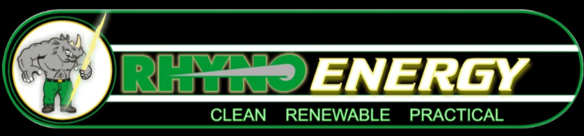 RHYN ENERGY logo with a muscular cartoon rhinoceros holding a lightning bolt, green and black color scheme, emphasizing clean, renewable, and practical energy.