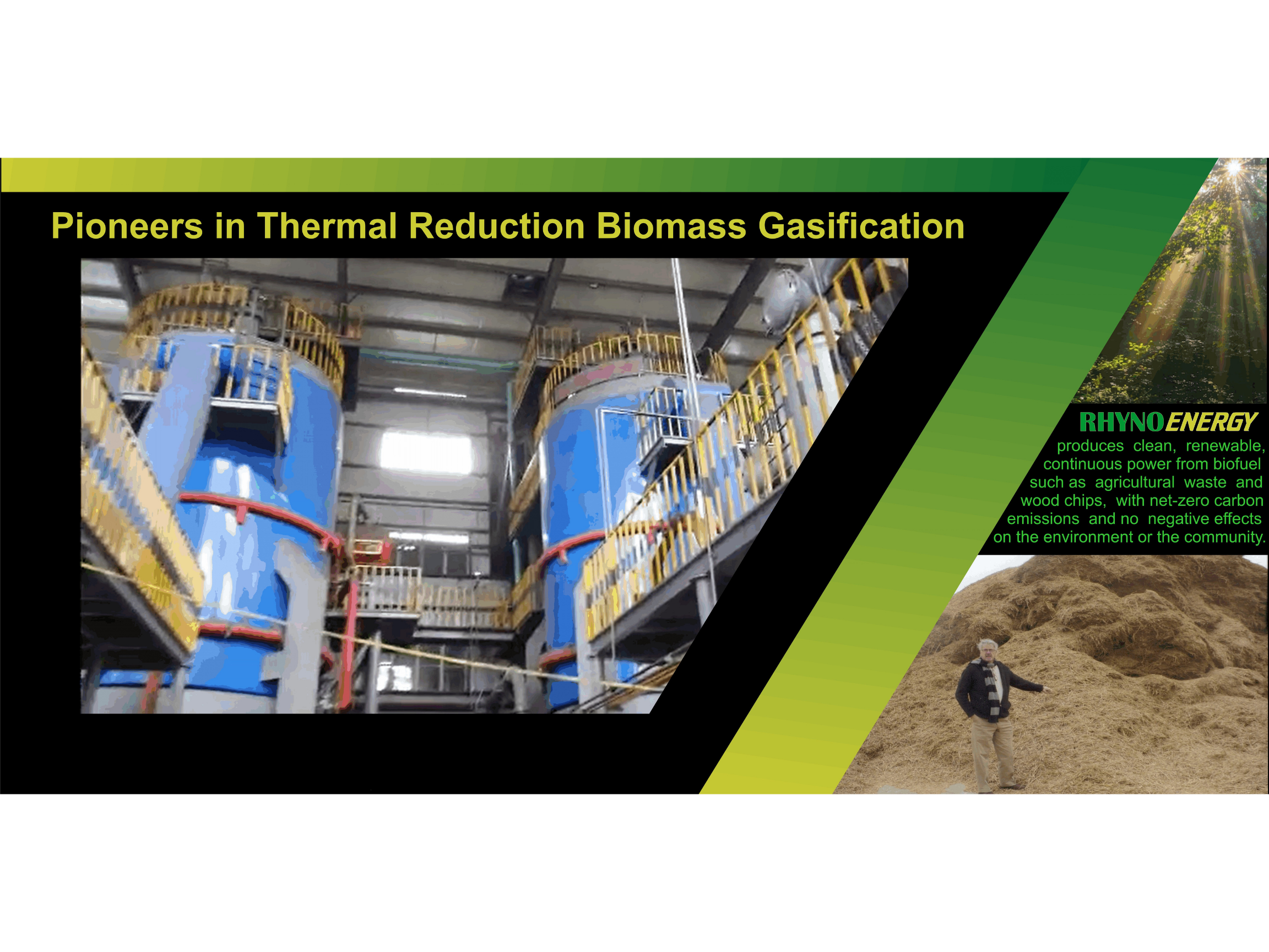 Industrial facility with large blue biofuel tanks, a man standing in front of a compost pile, and a sunlit forest with green text promoting renewable biomass energy.