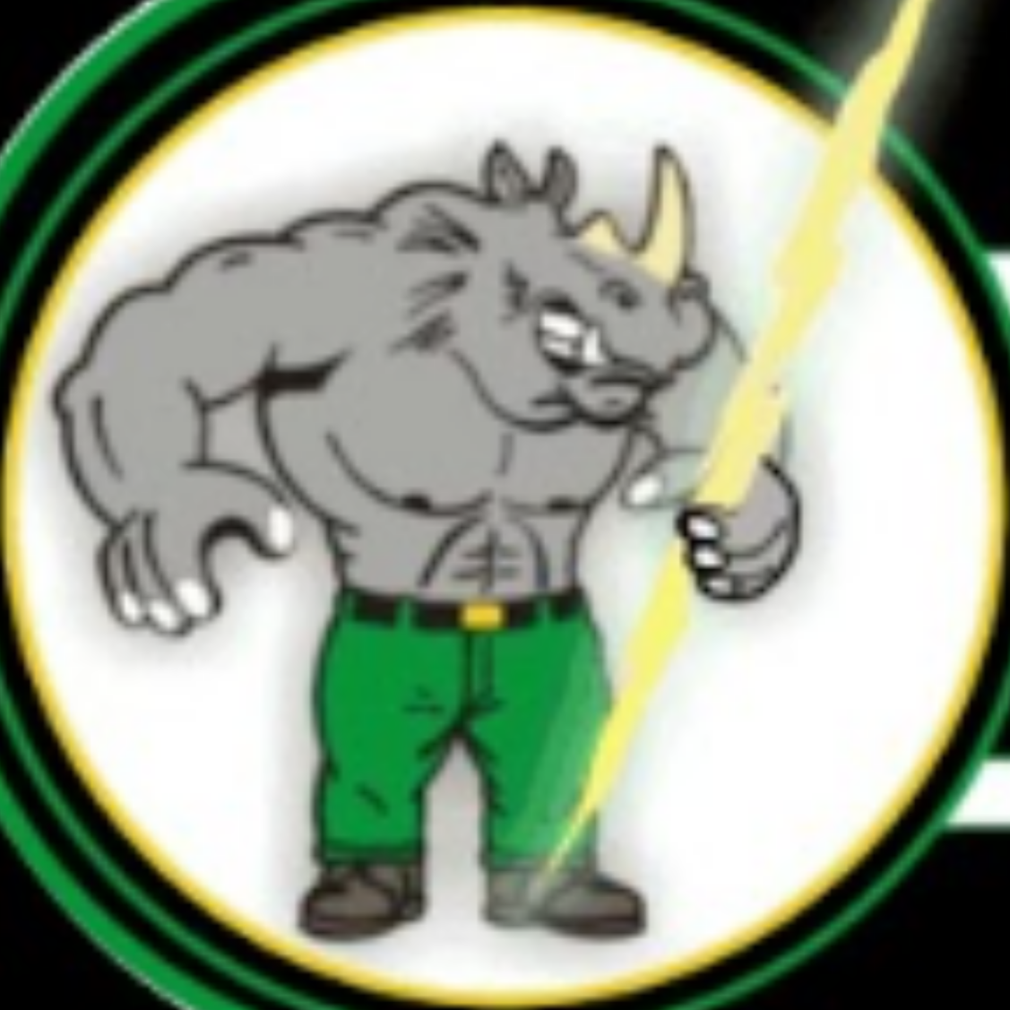 Cartoon muscular anthropomorphic wolf holding a staff with a lightning bolt, standing against a circular background with green and yellow borders.
