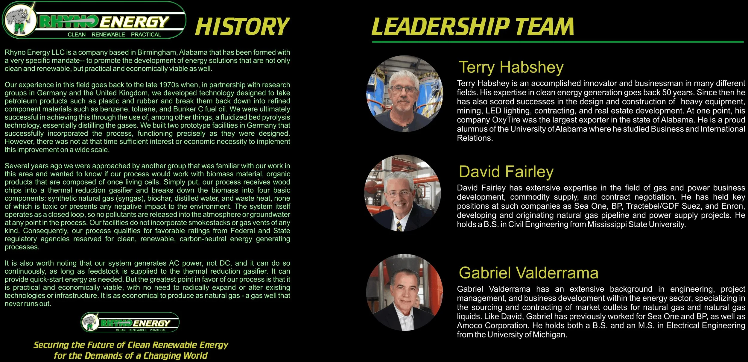 A webpage featuring the company Rhyno Energy LLC's leadership team. It includes photos and bios of Terry Habshey, David Fairley, and Gabriel Valderrama. The page details the company's history, focus on renewable energy, and their expertise in gas and power business development.