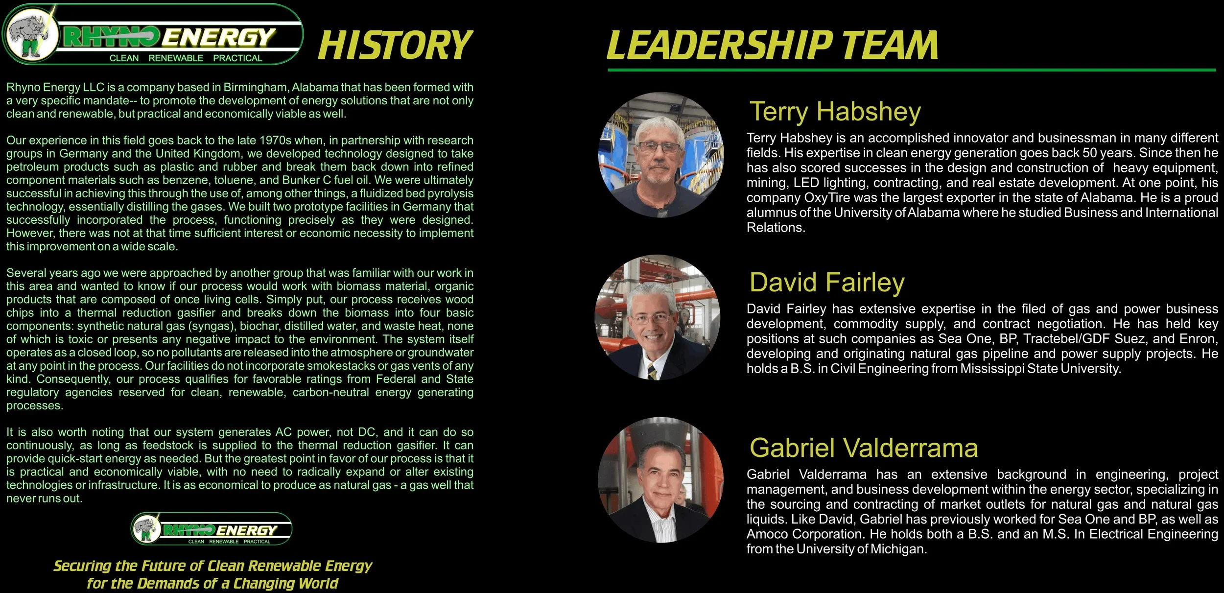 Company profile page for Rhyno Energy LLC highlighting their history and leadership team. Features photos and bios of Terry Habshey, David Fairley, and Gabriel Valderrama, along with green and black themed design and the company logo.