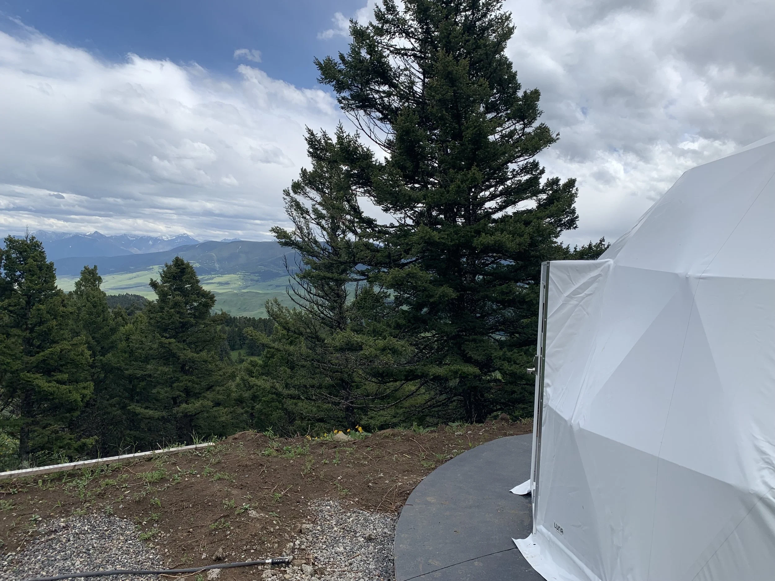 a geodesic dome hut overlooks a pine tree and hillside scene with mountains and sky