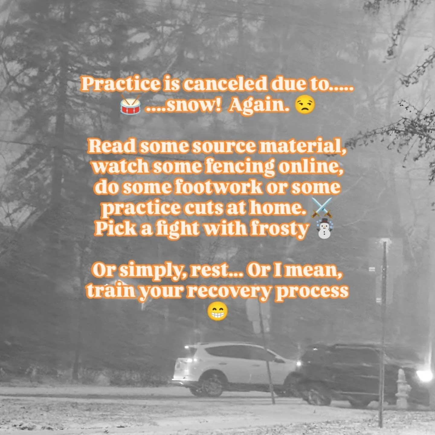 How about second snow? What about third snow? ❄️⛄

😩

Class is canceled. 

See ya Friday!! 

.
.
.
.

#HEMA #historicaleuropeanmartialarts #fencing #longsword #rapier