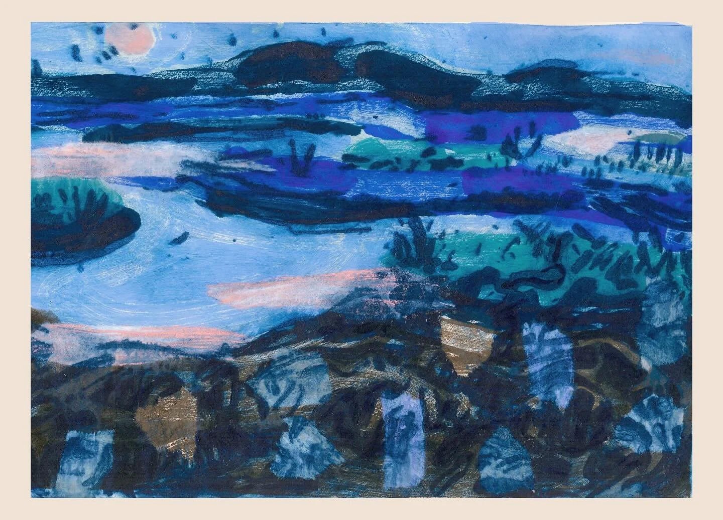 &lsquo;Flow country&rsquo;. Monotype, carborundum and Chine-coll&eacute; on paper.