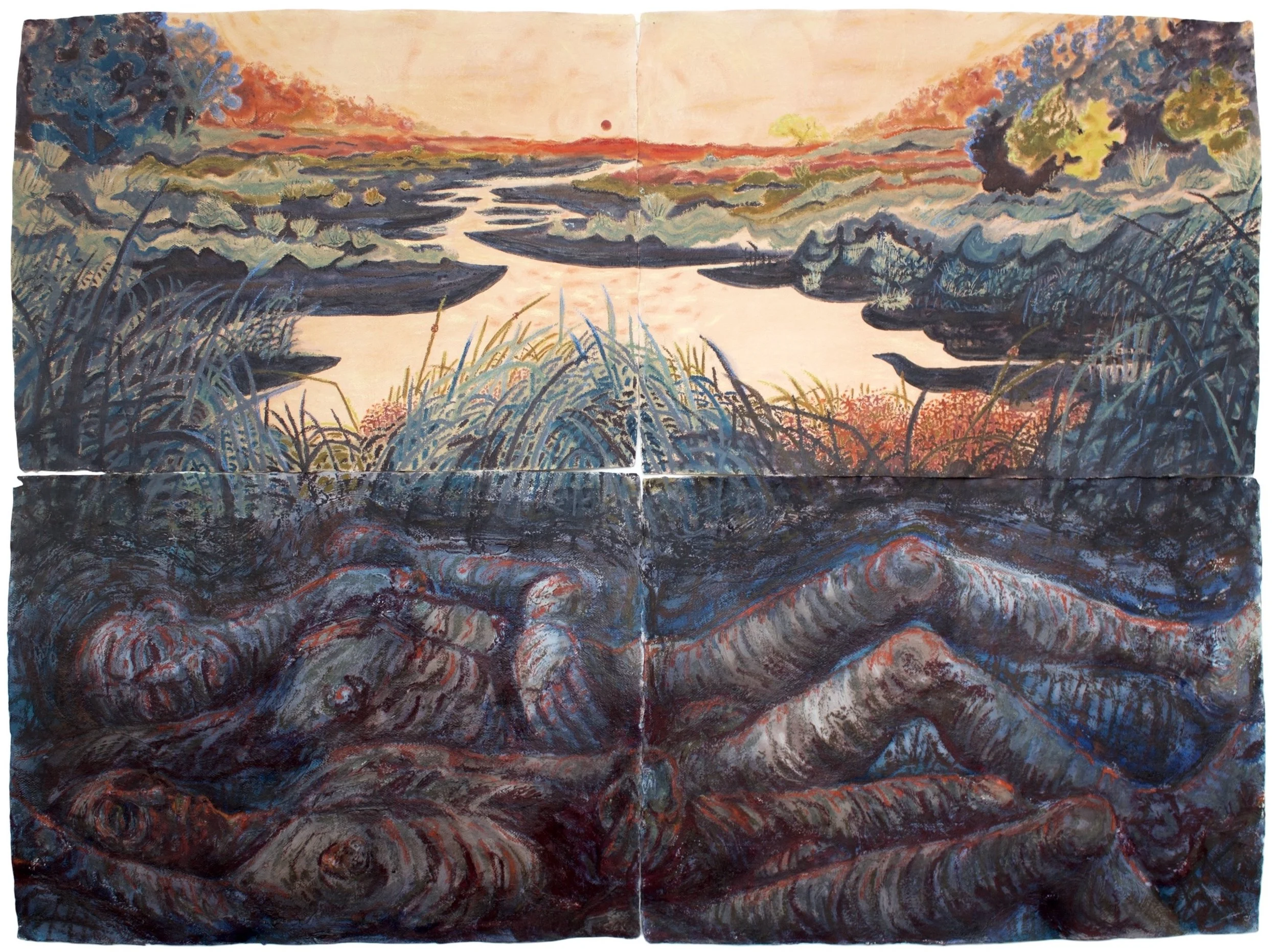 'Emergence'. Oil and soft pastel, handmade oak gall ink, candle wax. 2023