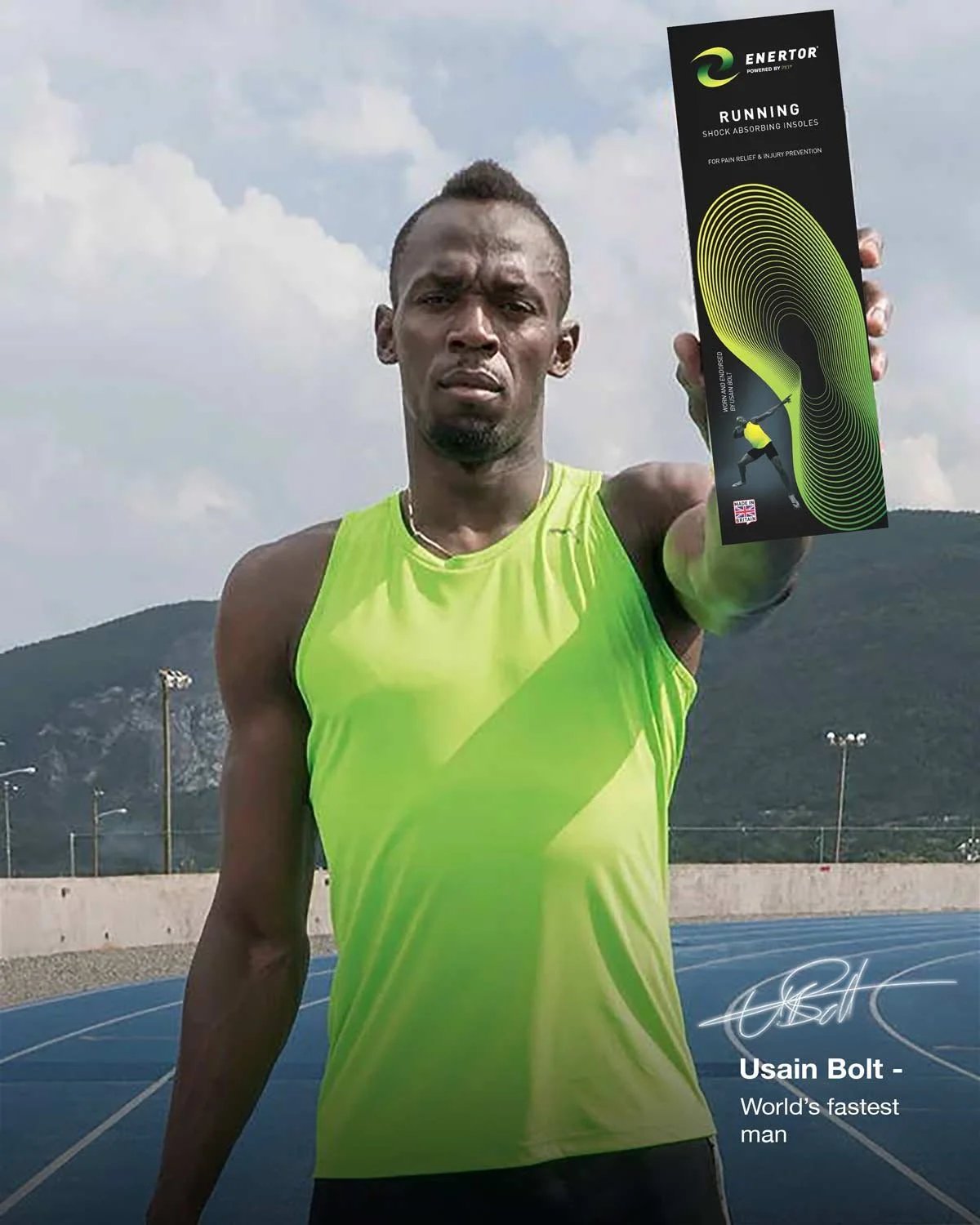 A male athlete in a bright yellow-green running singlet standing on a track, holding a shoe insert advertisement featuring a graphic of a person running, mountains and a cloudy sky in the background, signature at the bottom, and text indicating he is Usain Bolt, the world's fastest man.