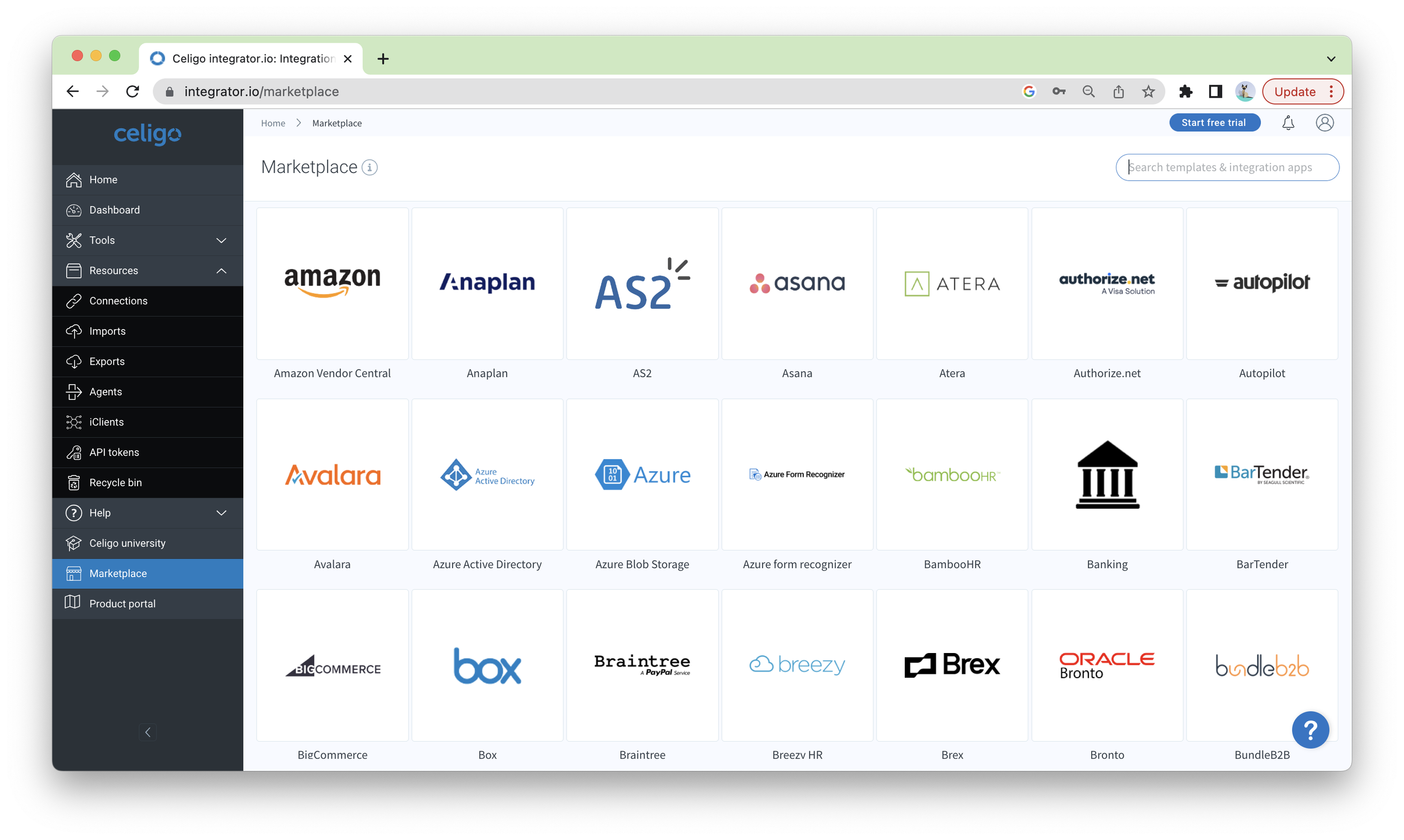 Screenshot of a web application marketplace page showing various company logos including Amazon, Anaplan, AS2, Asana, Atera, Authorize.net, Autopilot, Avalara, Azure Active Directory, Azure Blob Storage, Azure form recognizer, BambooHR, Banking, BarTender, BigCommerce, Box, Braintree, Breezy HR, Brex, Bronto, and BundleB2B.