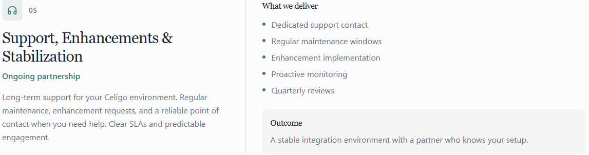 Screenshot of a support and maintenance webpage listing services such as dedicated support contact, regular maintenance windows, enhancement implementation, proactive monitoring, and quarterly reviews.
