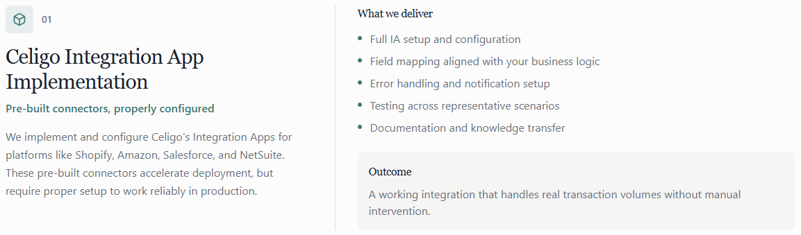 Screenshot of a webpage describing Celigo Integration App Implementation, including features, deliverables, and outcomes.