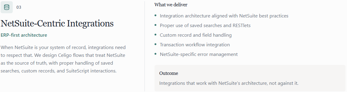Screenshot of a webpage section titled 'NetSuite-Centric Integrations' with bullet points on deliverables, including integration architecture, saved searches, custom record handling, transaction workflow, and error management.