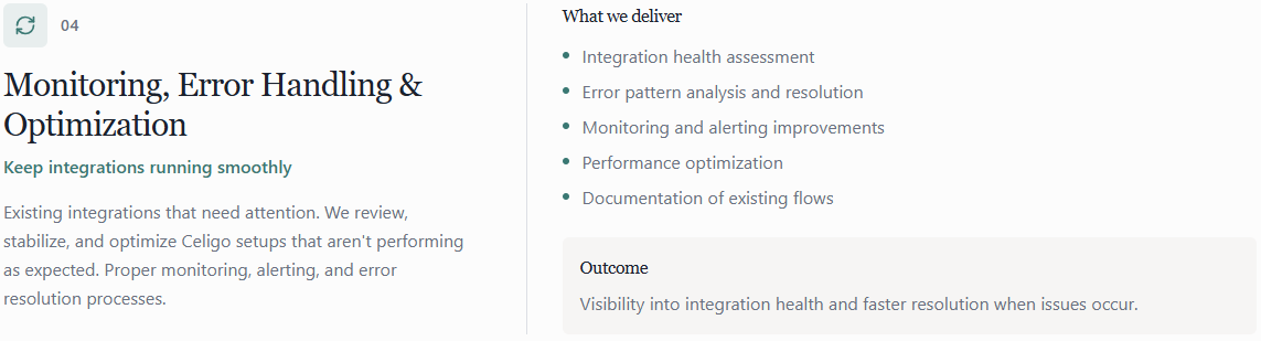 Screenshot of a webpage section titled "Monitoring, Error Handling & Optimization" discussing integration health assessment, error pattern analysis, monitoring improvements, performance optimization, and documentation, emphasizing smooth integration and faster issue resolution.