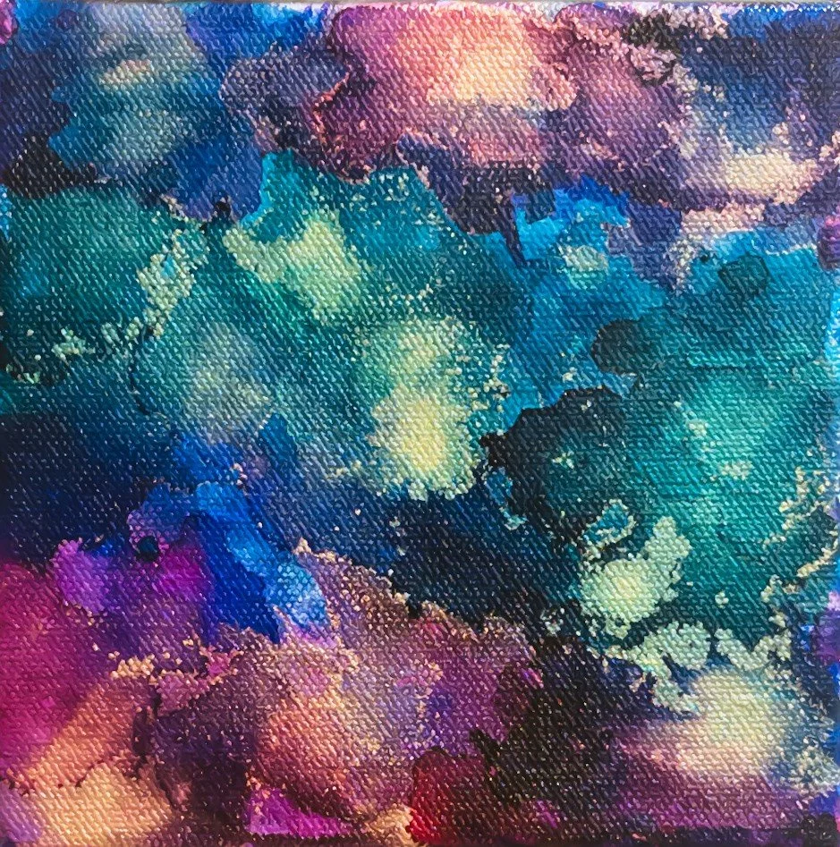 Pink and Teal Small Abstract with Alcohol ink on Canvas