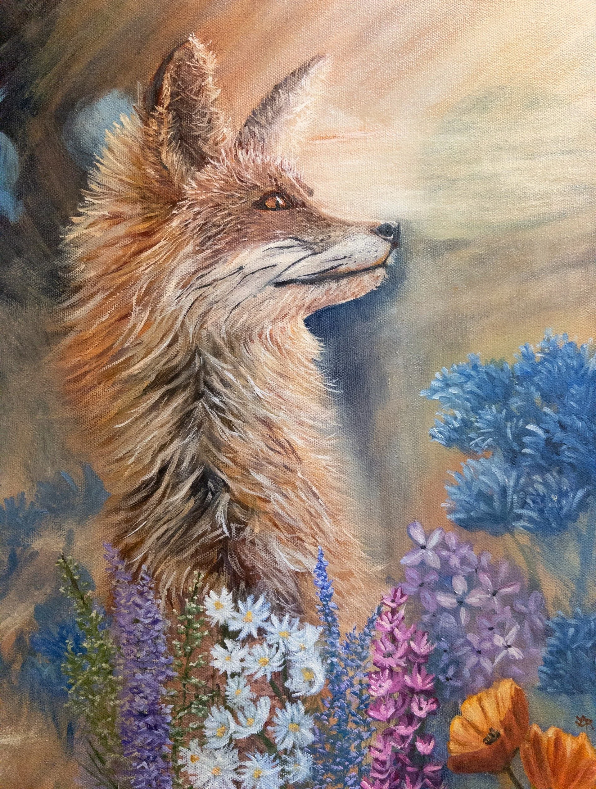 Fox Portrait with Flowers Original Oil Painting