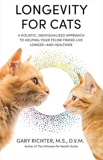 Book cover titled "Longevity for Cats" by Gary Richter, depicting an adult orange tabby cat and a younger orange kitten facing each other.