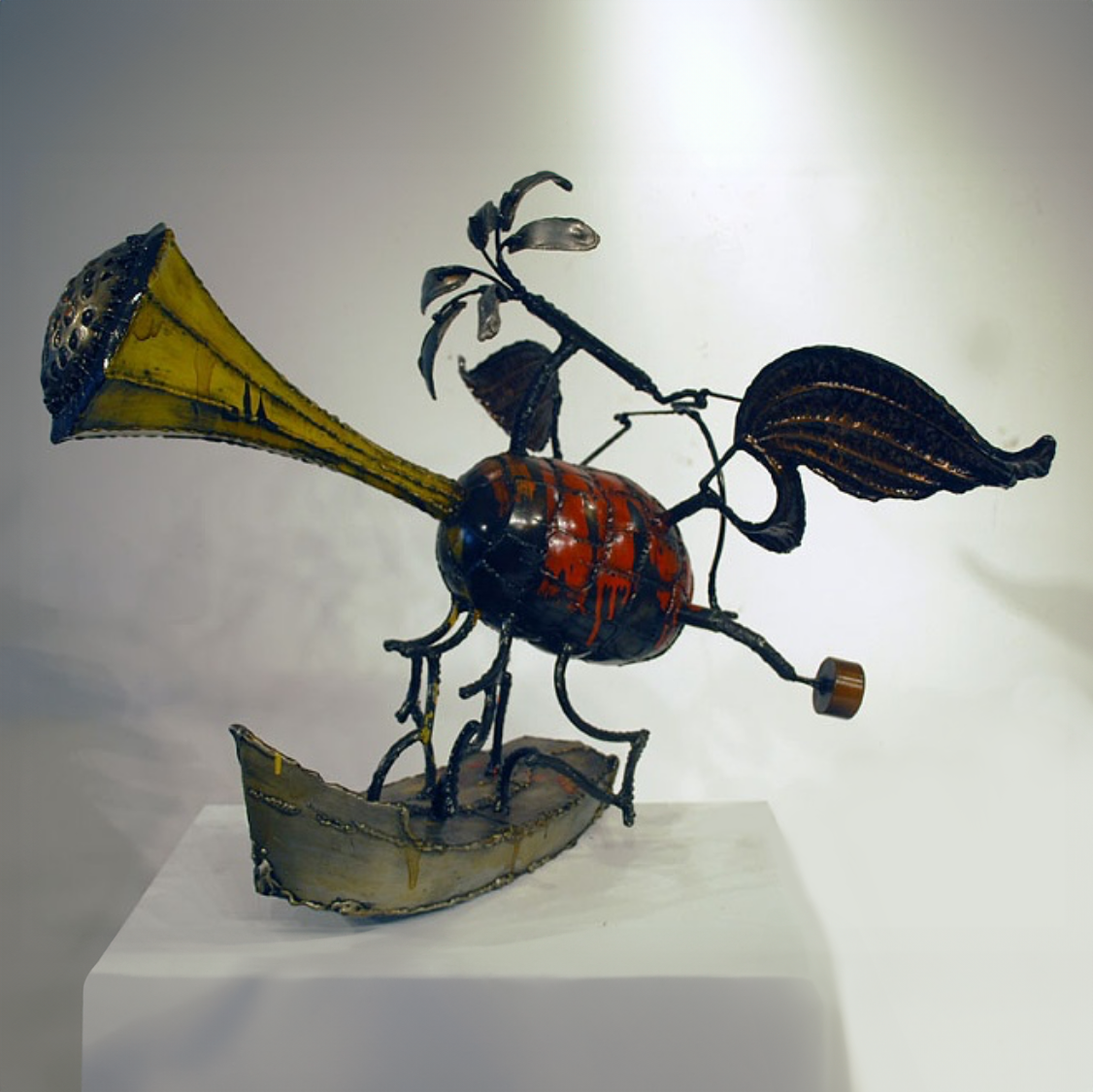 Some kind of flapping horn boat with a very low quality roller skate wheel on the back.
