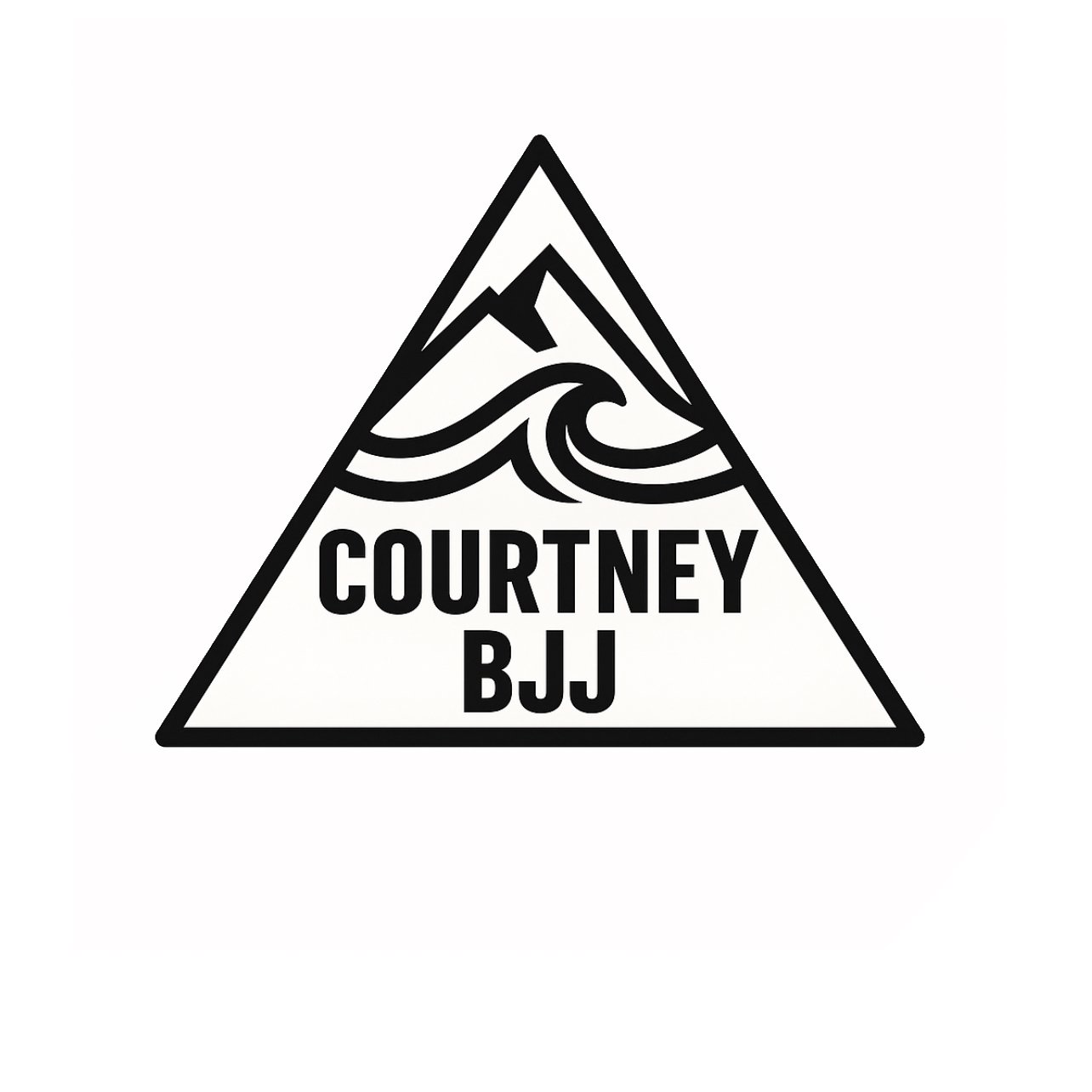 A black and white triangular logo featuring a mountain and wave design with the text "Courtney BJJ" in the center.