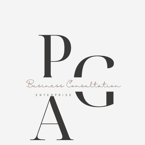 Logo for PG Business Consultation, featuring large stylized letters P, G, and A with the words Business Consultation and Enterprise written in smaller text.