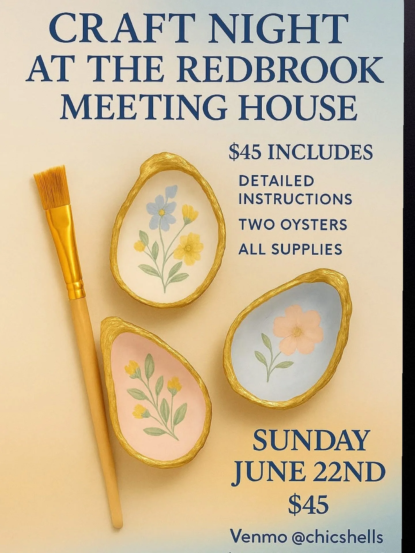 🎨 Reminder! Join us for our Paint Night Crafting Mod at the Redbrook Meeting House! We&rsquo;ll be creating beautiful oyster shell decoupage pieces together.

🗓 Sunday, June 22nd | 4&ndash;6 PM
📍 Redbrook Meeting House
💵 $45 &ndash; includes deta
