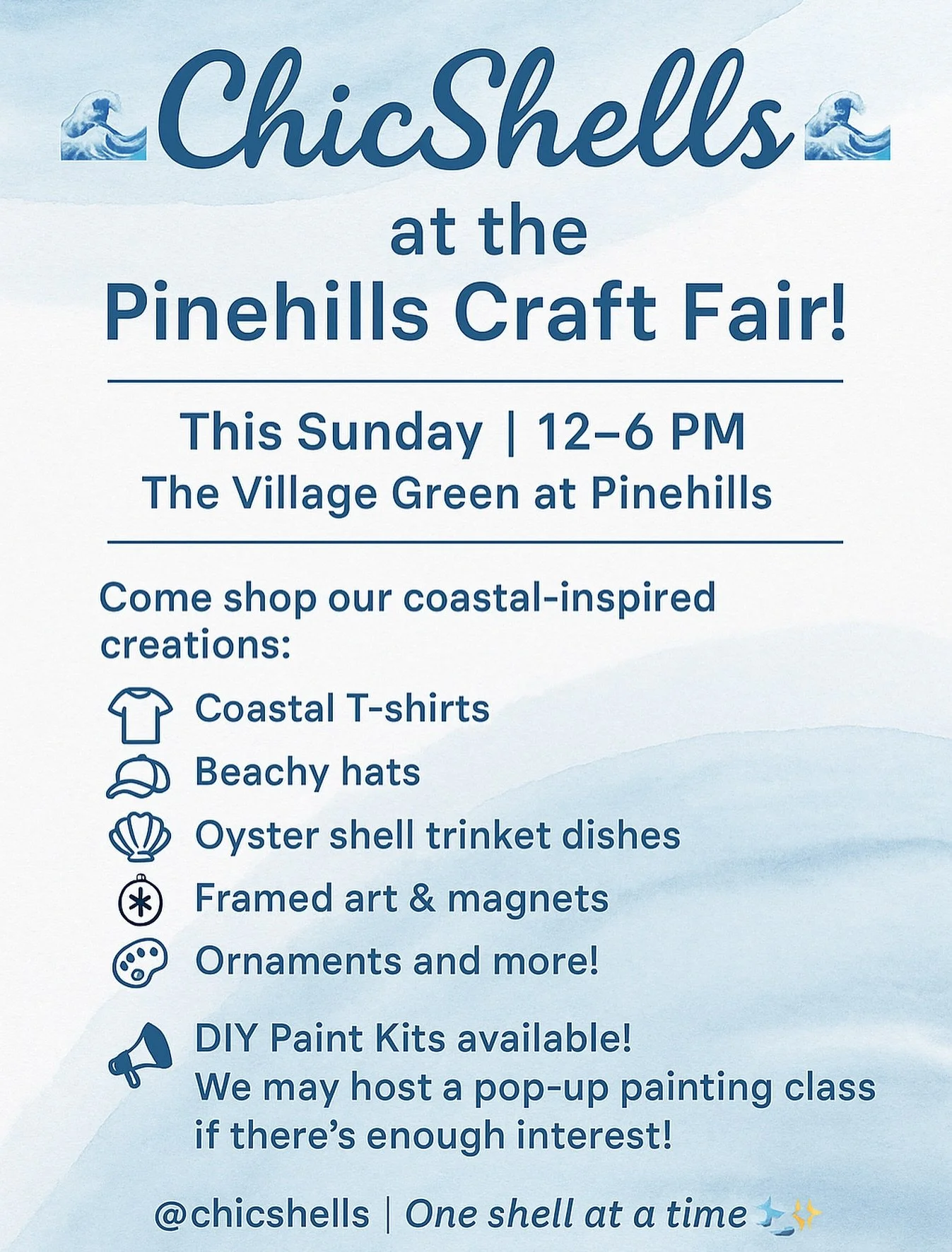 🌊 Come shell-ebrate with us! 🌟
We&rsquo;re popping up at the Pinehills Craft Fair THIS Sunday from 12&ndash;6 with coastal T-shirts, trinkets, framed art, and more seaside treasures. 🐚✨

🎨 We&rsquo;ll have DIY paint kits ready&mdash;and if enough