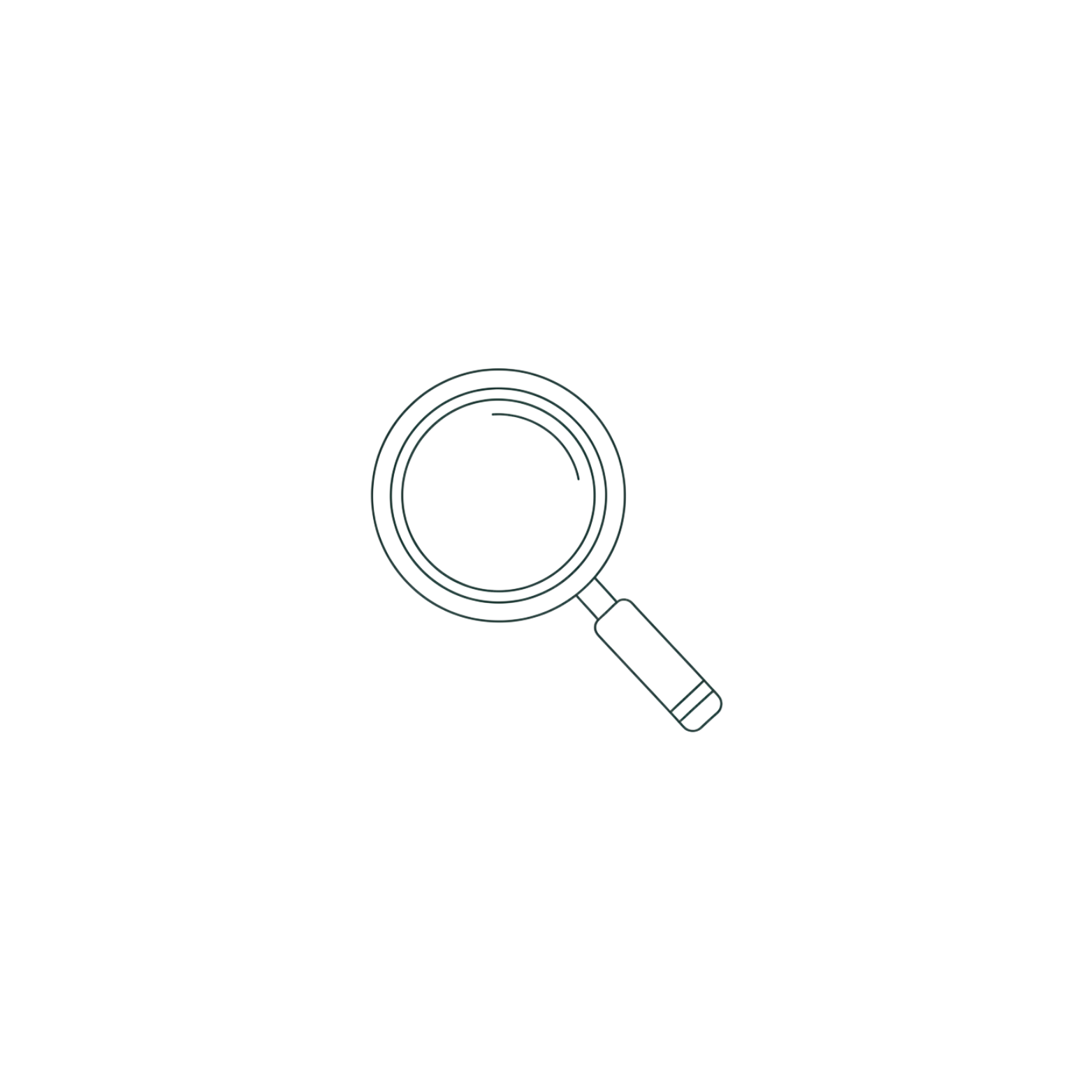 Line drawing of a magnifying glass, positioned at an angle, with the handle pointing downwards and to the right.