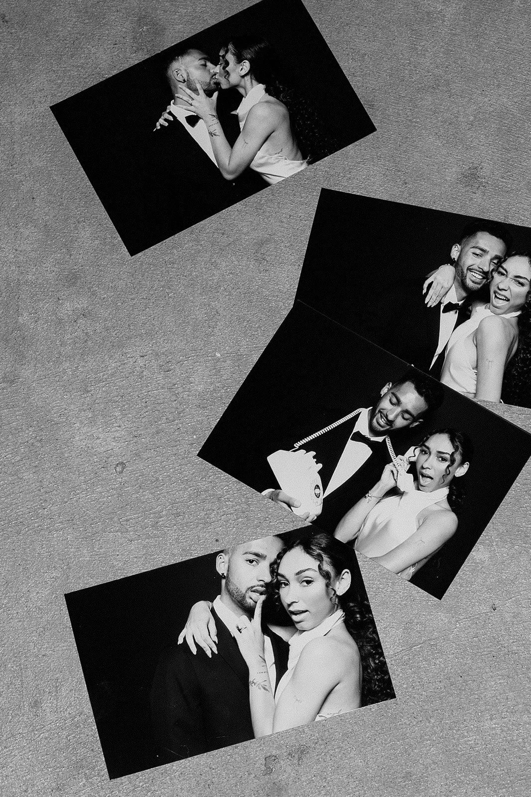 Four black-and-white photographs of a man and woman, showing various playful and affectionate poses, placed on a textured surface.
