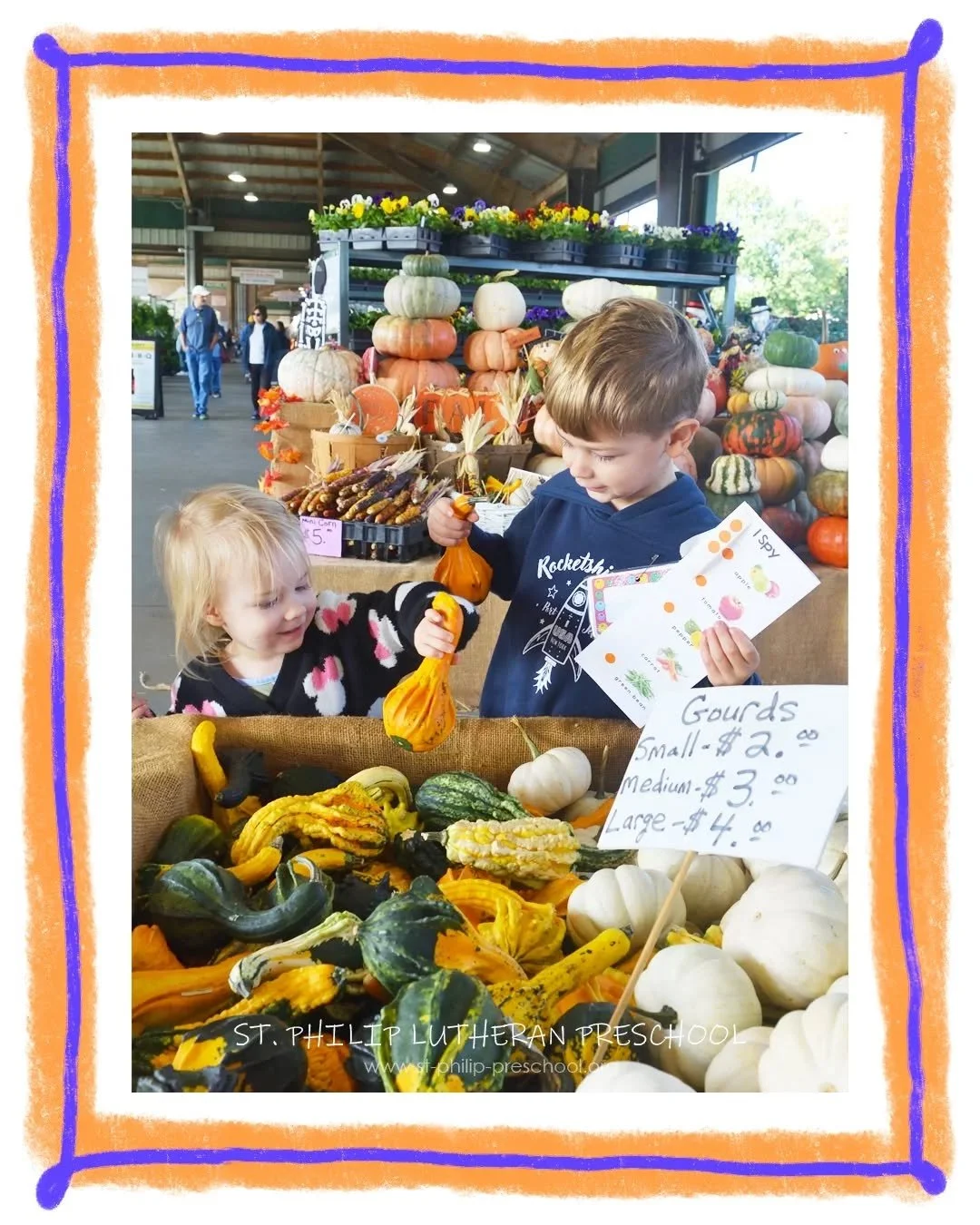 Our Kindergarten and 4-year-old classes recently went on a fun field trip to the Farmers Market!🍎 Families joined us as we played I Spy and tried to identify the different crops growing locally. This trip ties perfectly into our fall learning unit.?