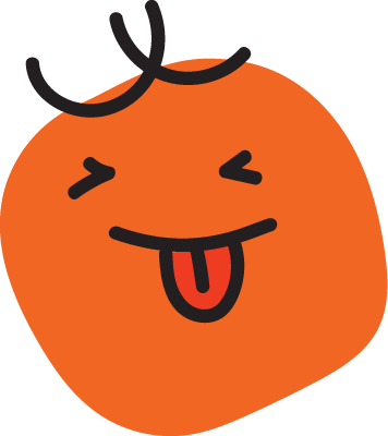 A cartoon orange character with a playful face, sticking out its tongue and winking, with black hair on top.