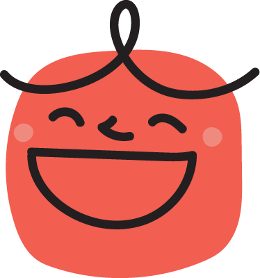 A smiling, cartoon-style face with rosy cheeks and closed eyes.