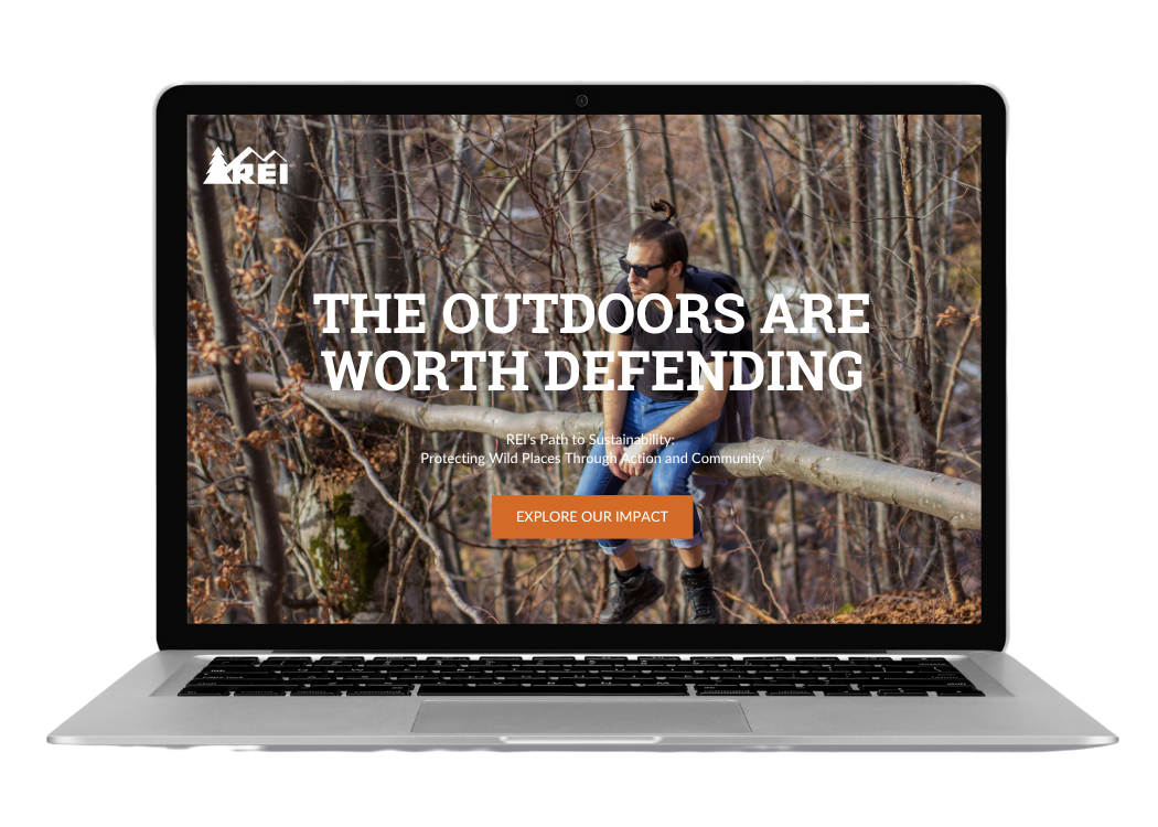 Mockup of a landing page for REI’s sustainability program, featuring clear, mission-driven messaging and outdoor-inspired design. Created by Julie Tomlinson for her copywriting portfolio to highlight brand-aligned web copy.