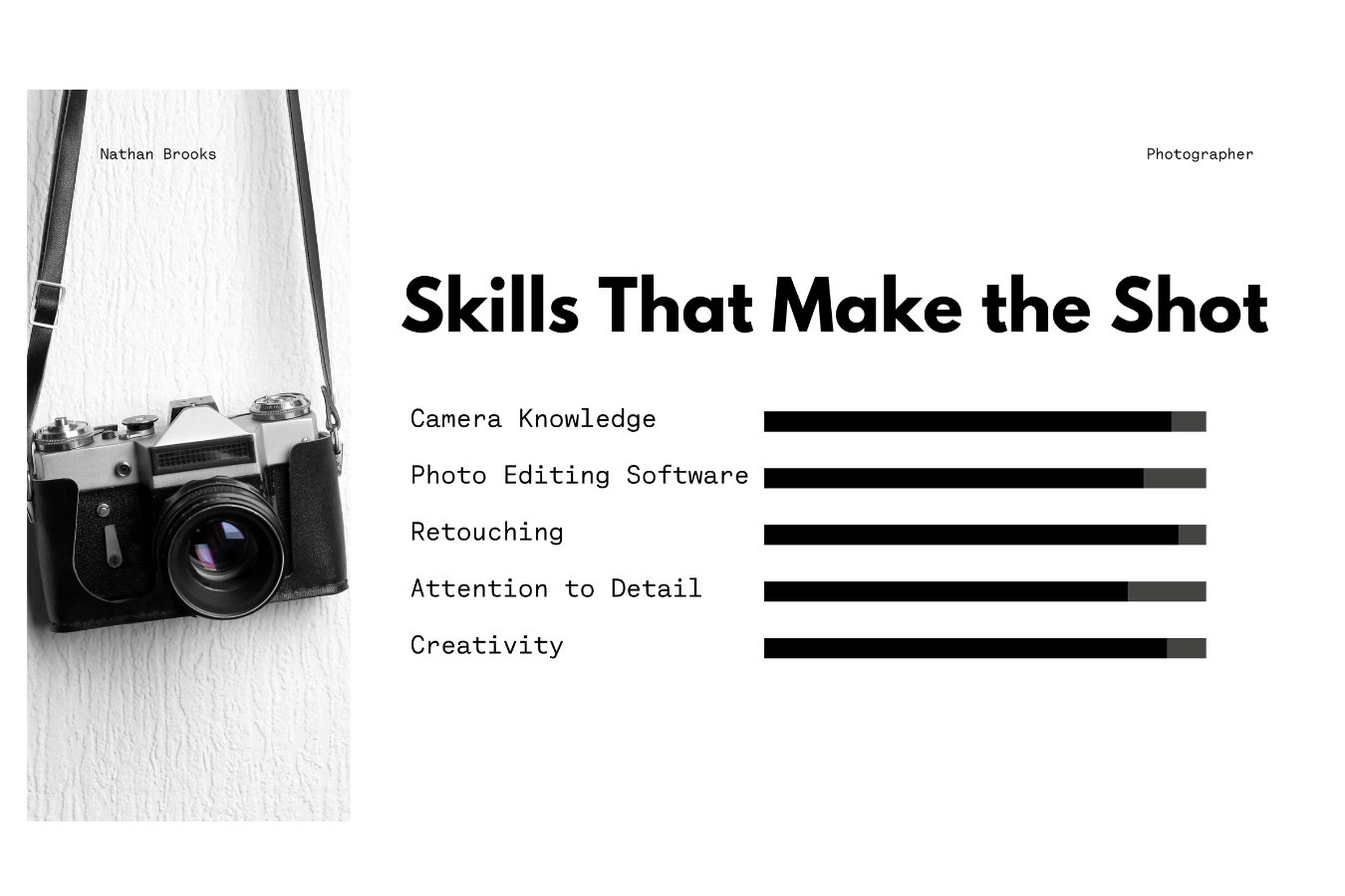 Slide showcasing Nathan Brooks’ photography skills and artistic approach, under a creative headline such as “What I Bring to the Frame.” Highlights specialties in lifestyle and brand photography.