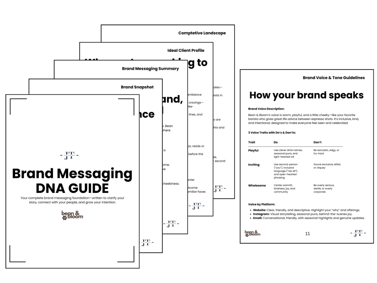 Four pages of branding guide documents, including titles such as 'Brand Messaging DNA GUIDE,' 'How your brand speaks,' and 'Brand Voice & Tone Guidelines,' with logos for 'bega & bloom' and initials 'J T'.