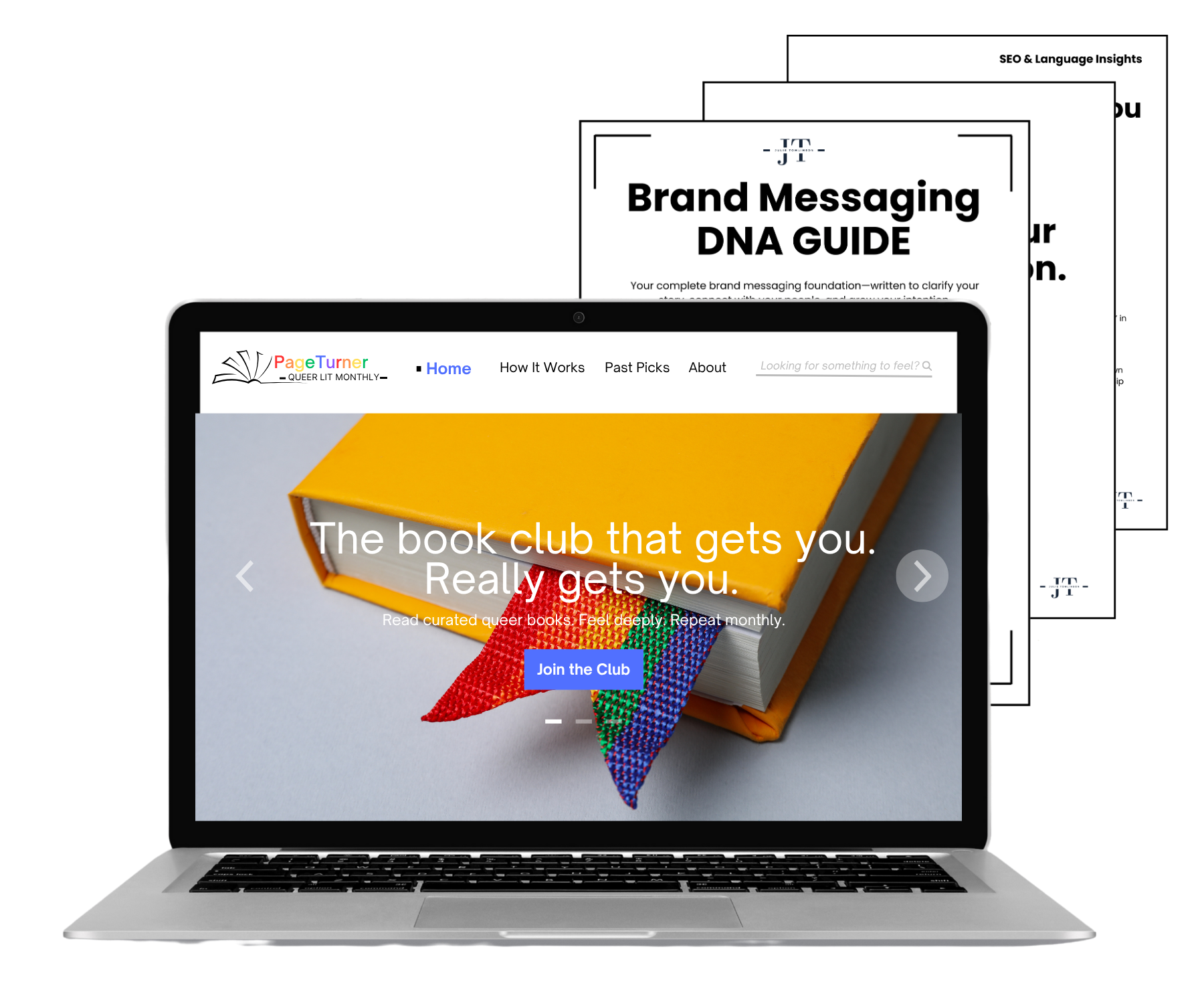 Laptop screen displaying the homepage of a queer book club website with a colorful book and rainbow ribbon. Behind the laptop, there are printed guides titled 'Brand Messaging DNA GUIDE' and 'SEO & Language Insights'.