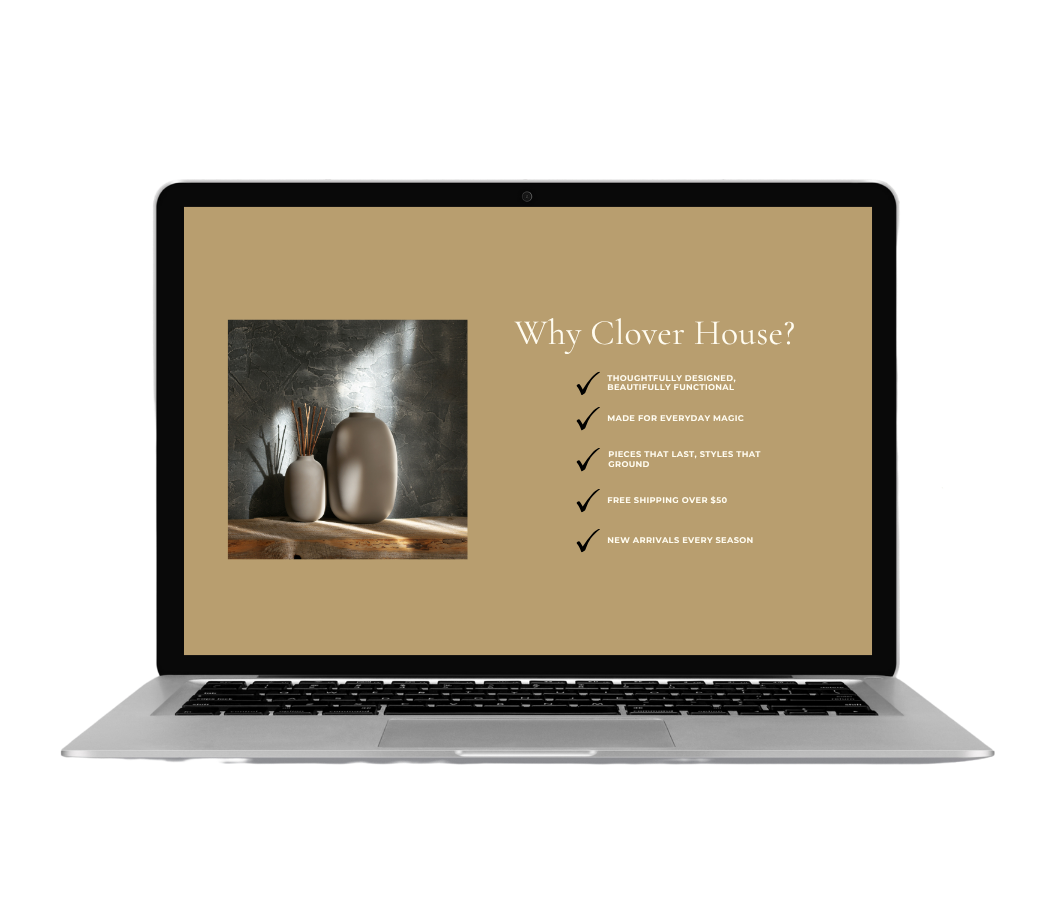 Laptop showing the ‘Why Clover House?’ section of the Clover House website with five brand benefits listed and an image of clay vases on a wooden table against a warm clay-colored wall