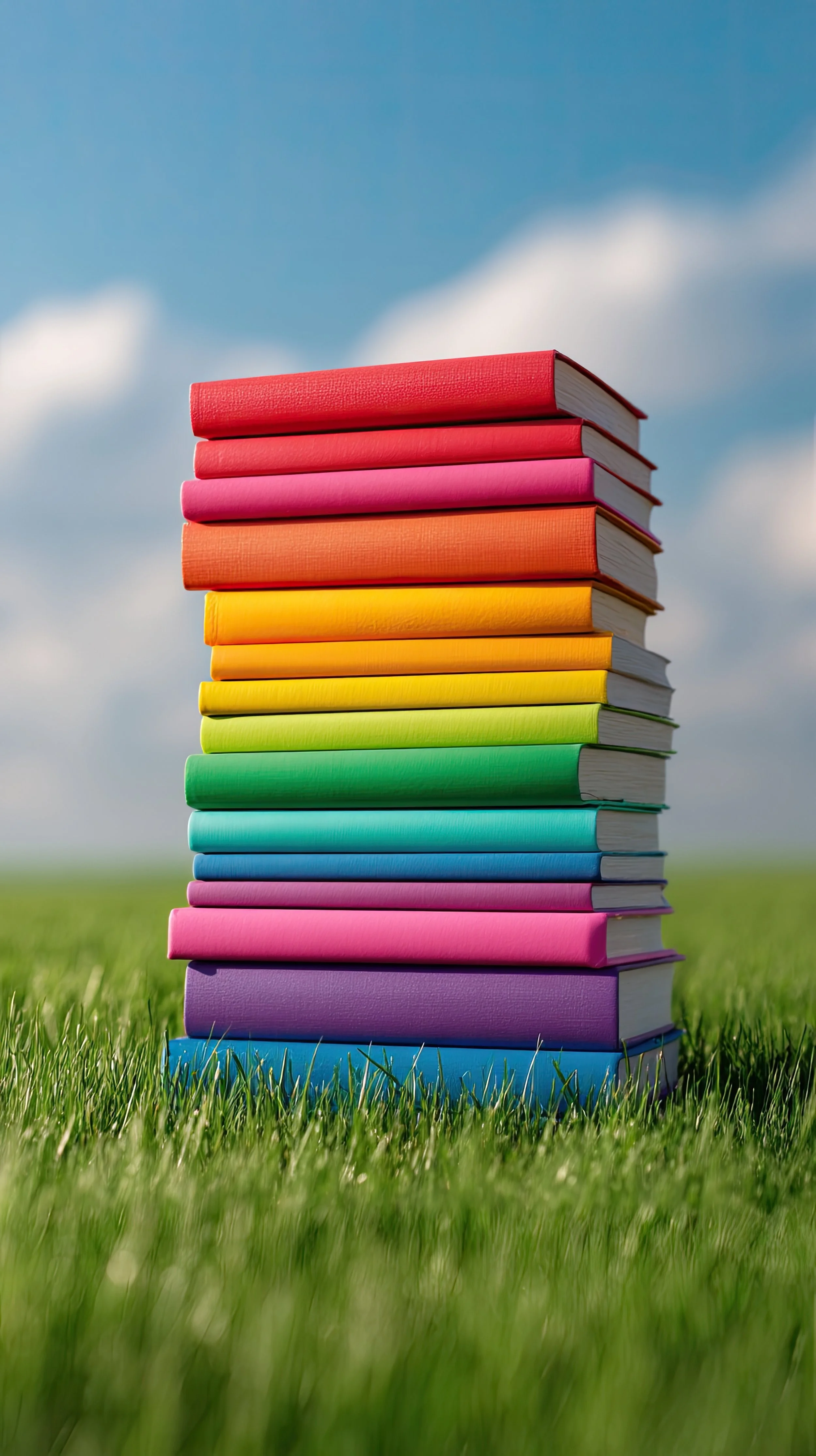 Stock image of a colorful stack of books, each a different color forming a rainbow. The books rest on green grass with a bright blue sky and sunshine in the background, symbolizing joy, diversity, and pride.