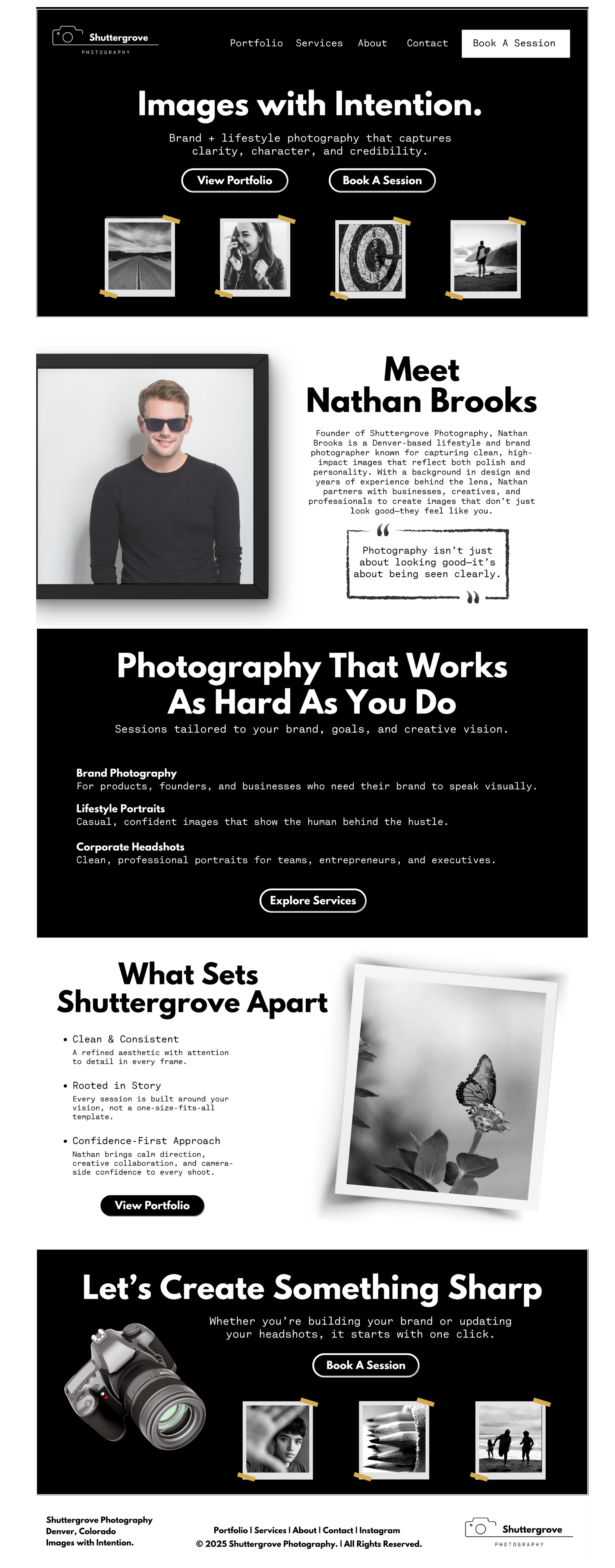 A black-and-white photography website homepage for Shuttergrove Photography. Features a header with navigation links, a scene of four Polaroid-style photos at the top, a profile introduction for Nathan Brooks, a section about the photography services offered, and a portfolio showcase. The site emphasizes brand and lifestyle photography with a modern, minimalist design.