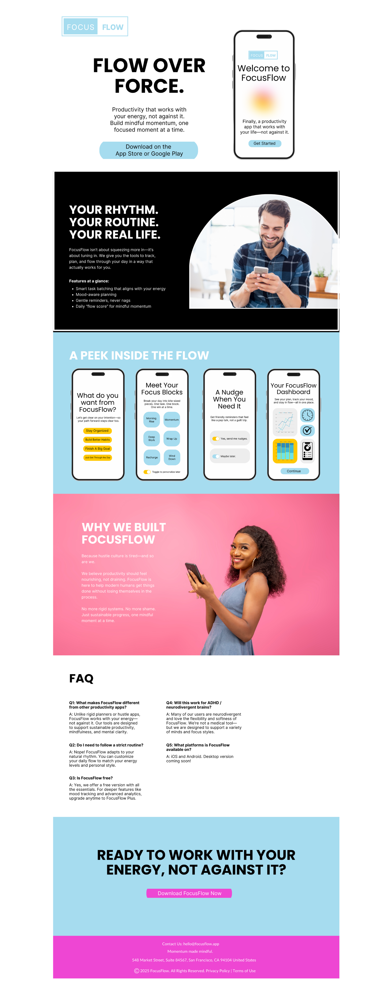 Website layout of the FocusFlow homepage, featuring copy that introduces the app’s purpose, features, and mindful approach to productivity—designed to showcase brand messaging and user-focused copy in a clean, modern interface.