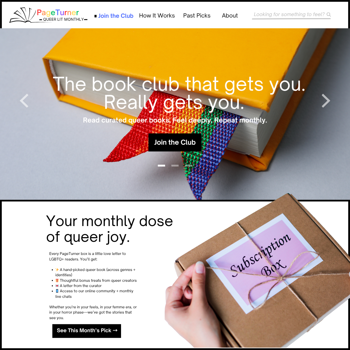 Mock-up of Pageturner Queer Lit Monthly subscription box landing page with headline ‘The book club that really gets you’ and details about curated queer books, bonus treats, and access to a supportive LGBTQ+ reading community.
