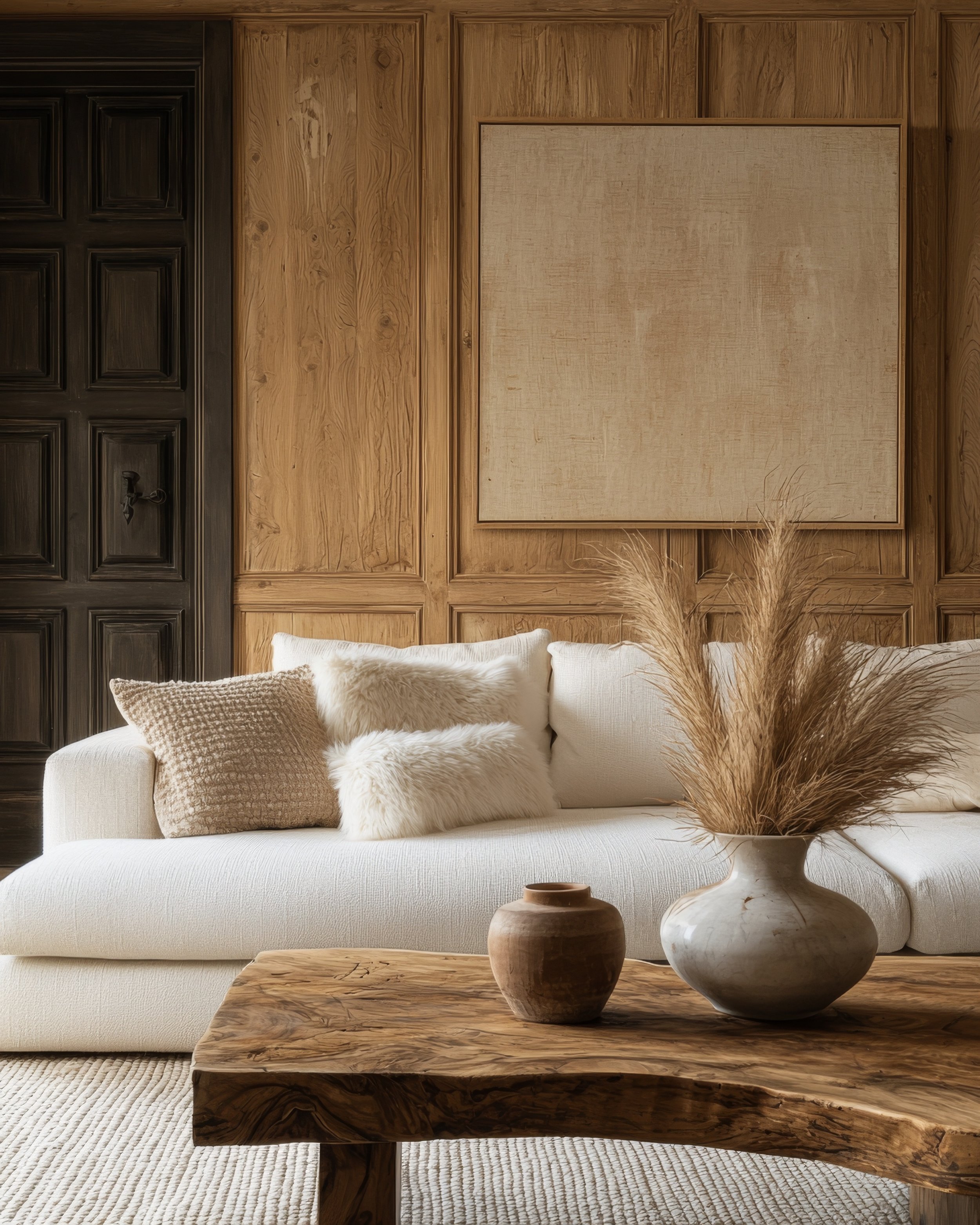 Earthy home decor stock image for Cloverhouse, featuring a neutral-toned sofa, wood-paneled wall, rustic coffee table, and organic plant accents—used in Julie Tomlinson’s copywriting portfolio to represent the brand’s warm, nature-inspired aesthetic.