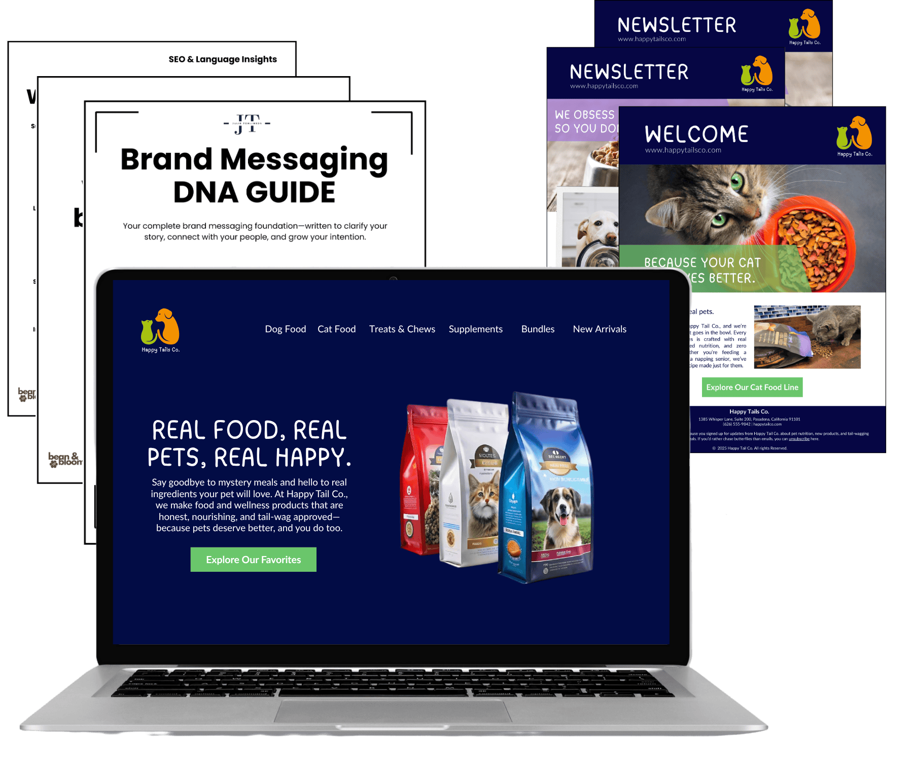 A laptop displaying a website for Happy Tails Co., featuring pet food with the slogan "Real Food, Real Pets, Real Happy." Behind the laptop, there are papers and flyers related to branding, marketing, and newsletters, showcasing pet food and pet-oriented content.