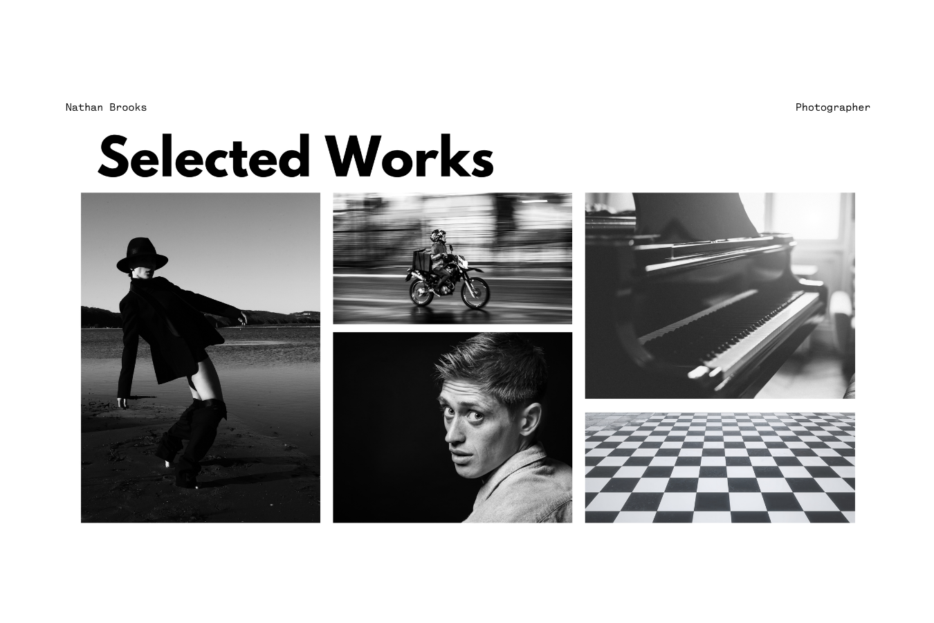 Final slide featuring a visual gallery of Nathan Brooks’ work under a headline like “Selected Works” or “Visual Highlights.” Includes a curated collection of lifestyle and brand photography.