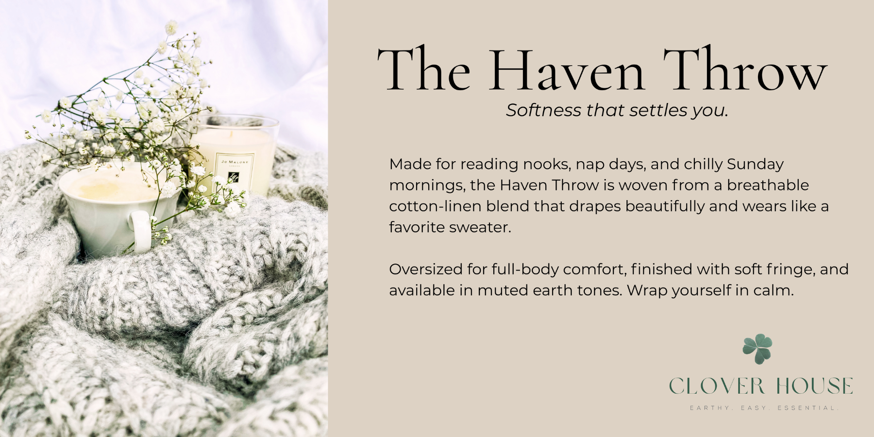 Product description mock-up for Cloverhouse’s oversized full-body comfort woven blanket, highlighting cozy texture and everyday luxury—created by Julie Tomlinson for her copywriting portfolio.