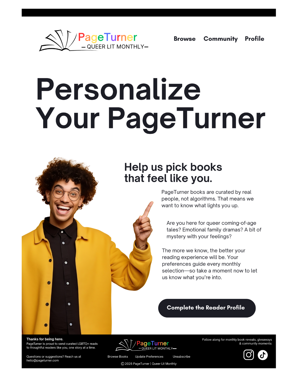 Email inviting subscribers to personalize their PageTurner experience. Headline reads “Help us pick books that feel like you,” emphasizing curated selections chosen by real humans, not algorithms.
