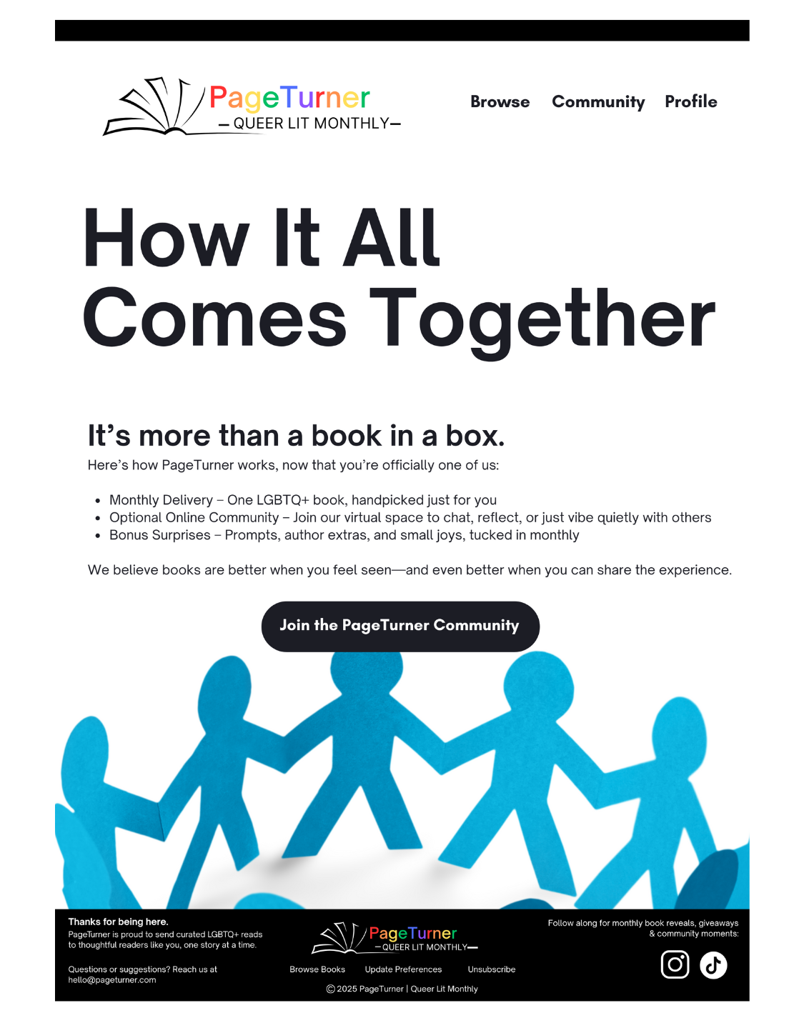Email explaining how the PageTurner subscription works and highlighting the community aspect. Messaging includes “It’s more than a book in a box” and encourages readers to join the PageTurner LGBTQ+ community.