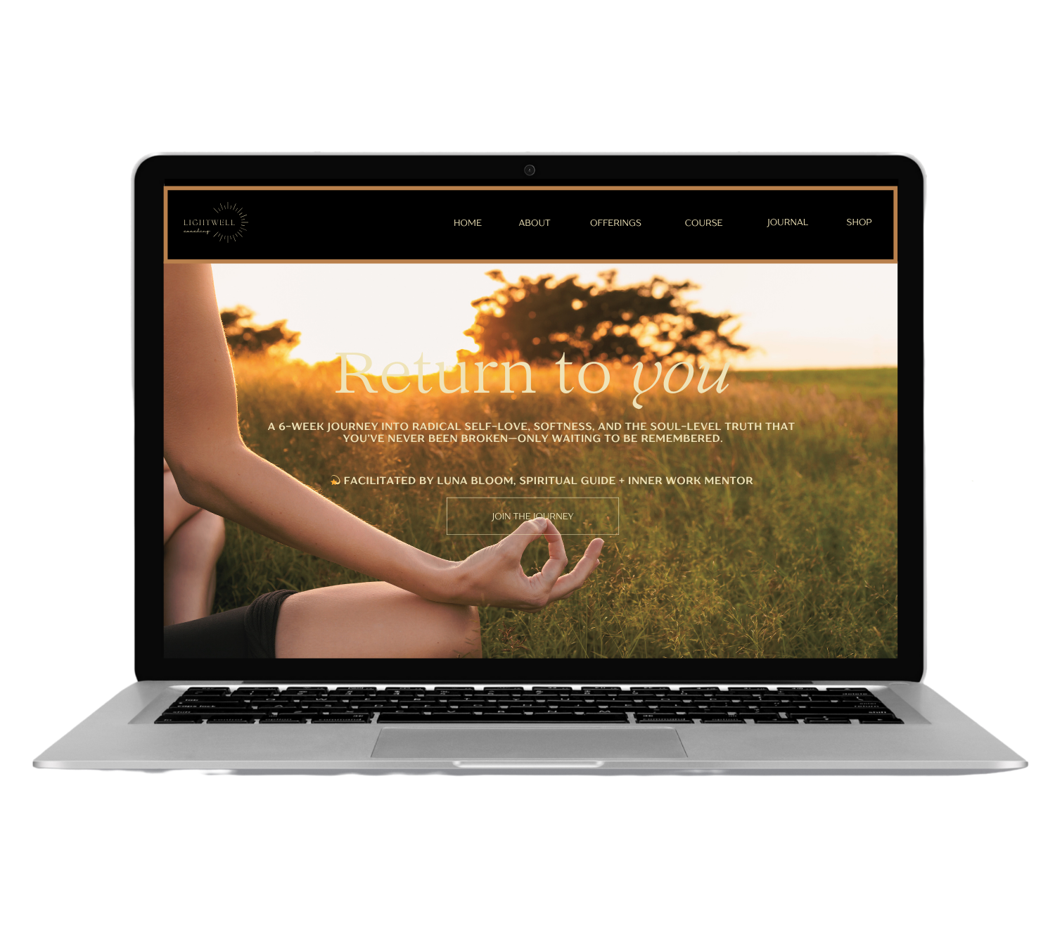 Mockup of a laptop screen displaying the Return to You program by Lightwell, a spiritual coaching and mindfulness brand, created for a copywriting portfolio by Julie Tomlinson.