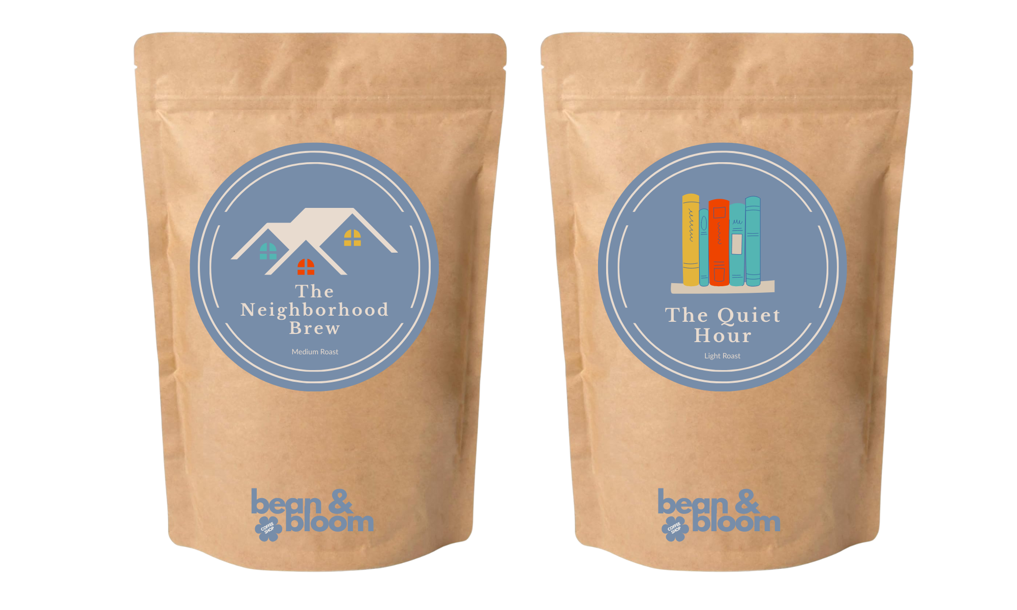 Two brown paper coffee bean bags with minimalist labels sit side by side. One is labeled “The Neighborhood Brew” and the other “The Quiet Hour,” both branded by Bean & Bloom, a specialty coffee shop and community café.