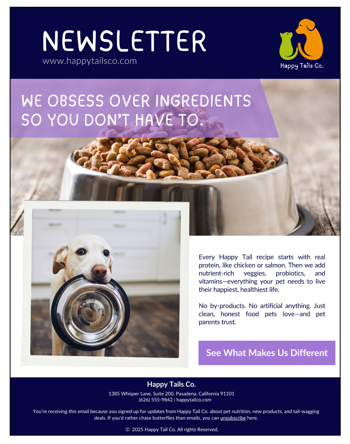 Monthly newsletter email from Happy Tail Company explaining their ingredient philosophy, featuring a spotlight on real protein as the first ingredient in every recipe and why it sets their pet food apart.