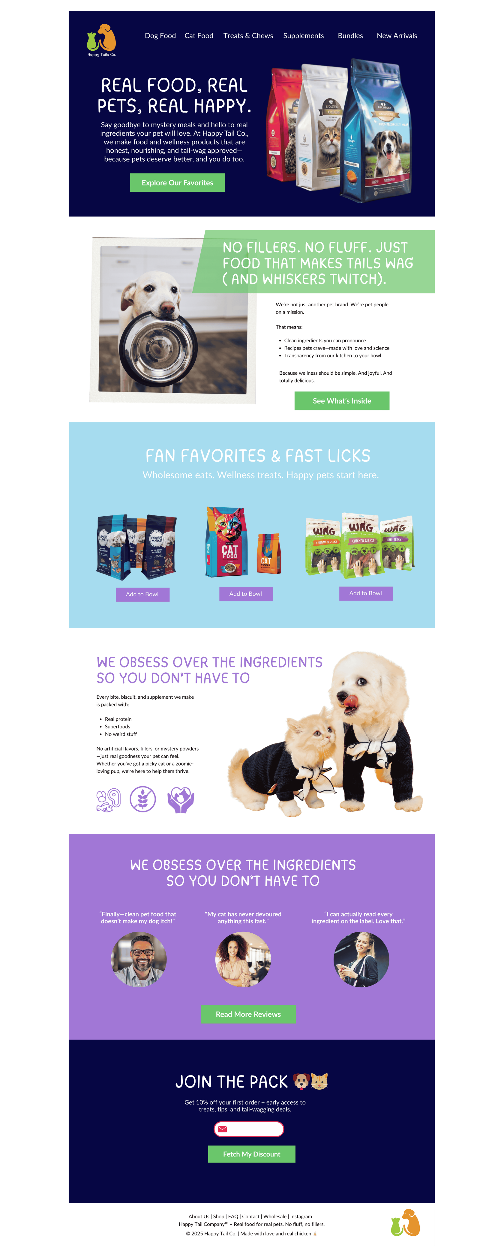 Mock-up of the Happy Tail Company landing page featuring a cheerful pet food brand that sells dog and cat food, treats, chews, and supplements, with playful design elements and product highlights.